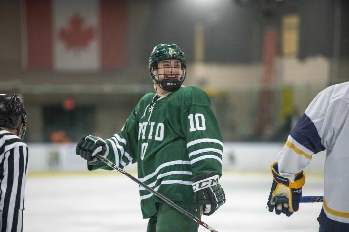 OHIO Hockey player looks over his shoulder during a game