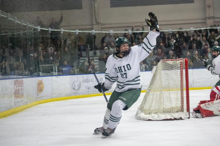 OHIO Hockey player raises his arm to the crowd