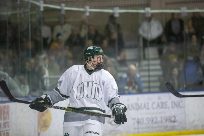 OHIO Hockey player looks over his shoulder during a game