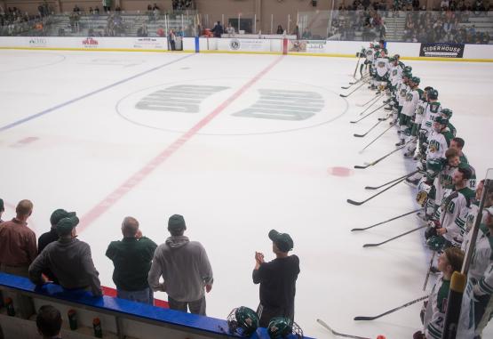 Hockey players line up on the ice during a game